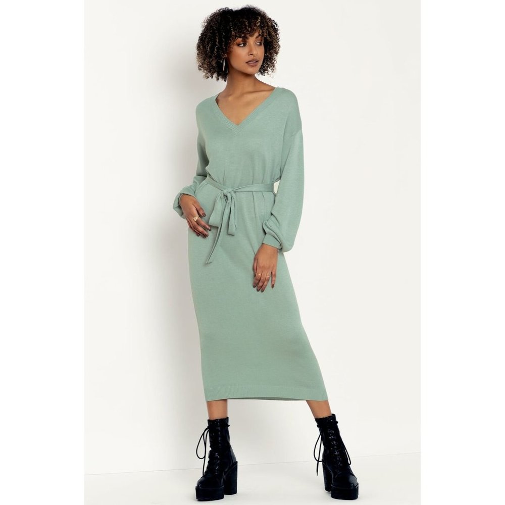 Black Milk MISTY V NECK KNIT SWEATER DRESS XL midi sage green